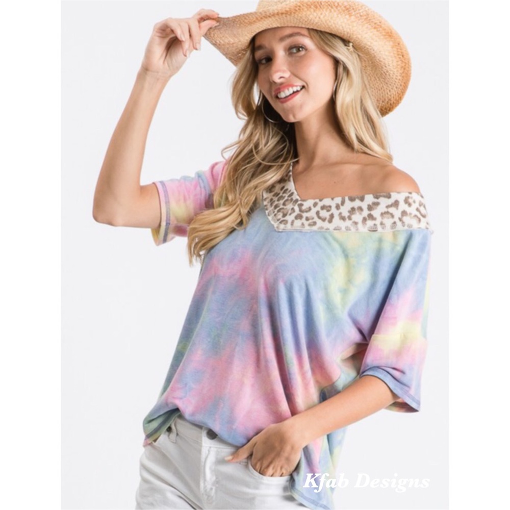 ❤️LAST 1! Indigo Blue Tie Dye Leopard Detail Top! - Picture 3 of 9